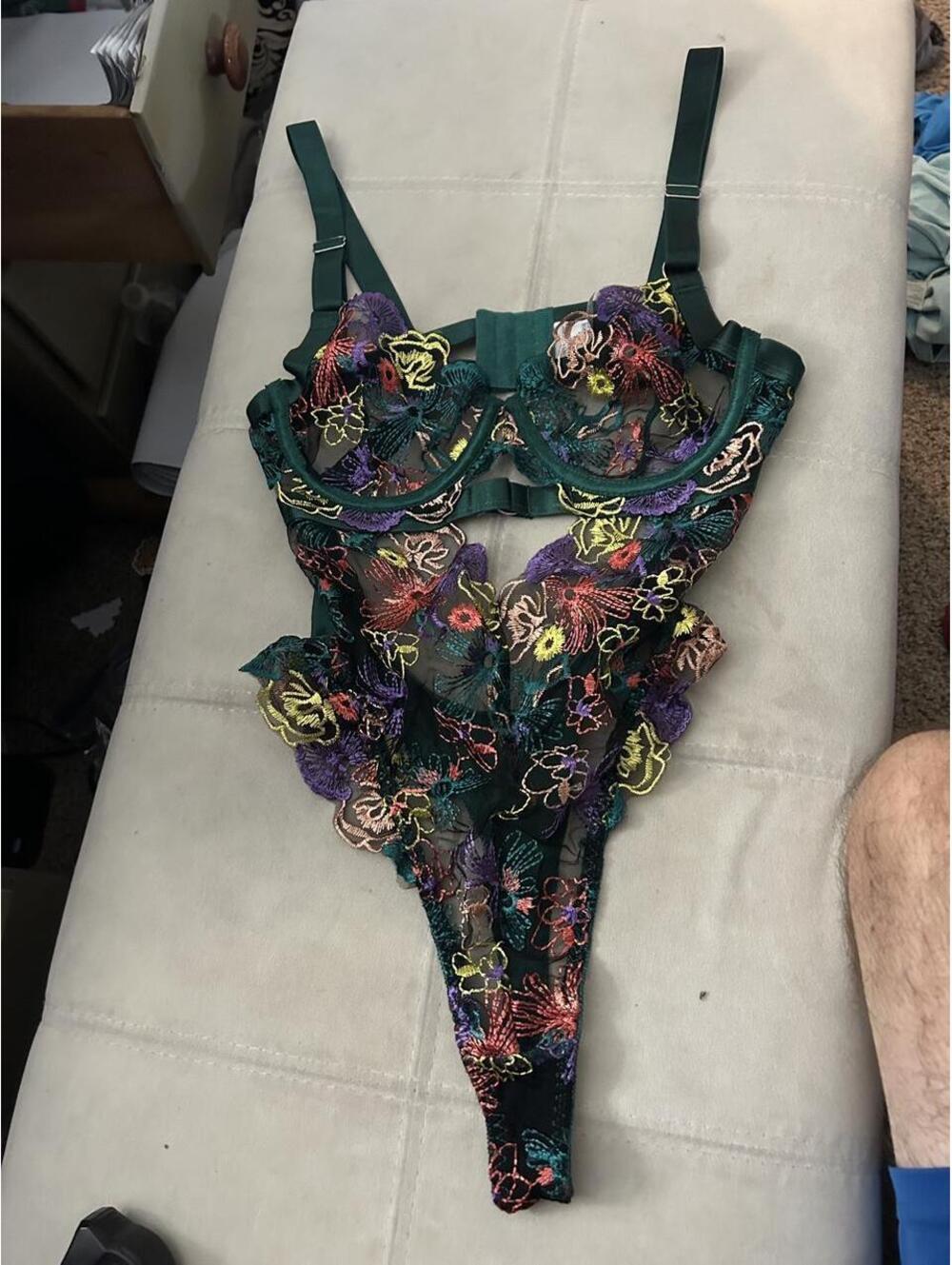 Green polyester & elastane bodysuit with multicolored floral embroidery, size M